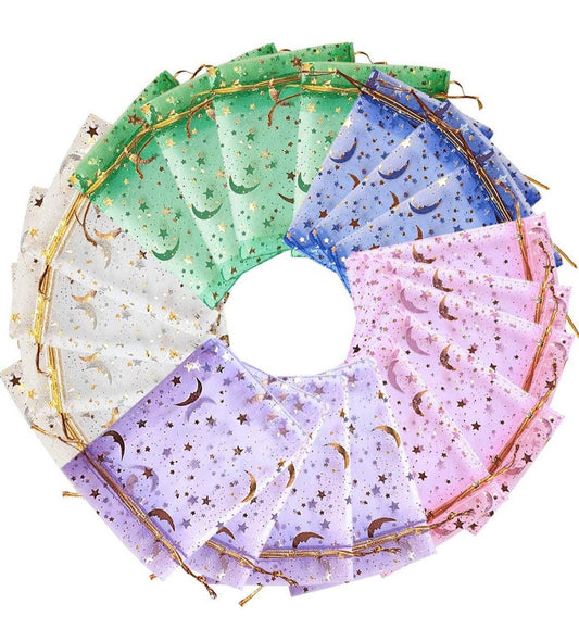 Organza Bags | Moon and Stars Foil Drawstring Product Bags | Wedding Favor Bags | Foil Print Bags | Treat Bags | Sachet Bags