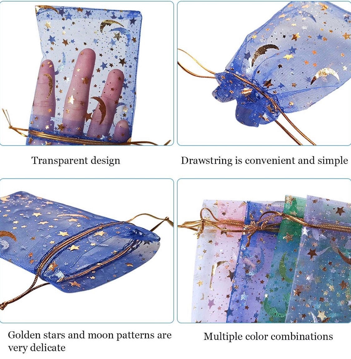 Organza Bags | Moon and Stars Foil Drawstring Product Bags | Wedding Favor Bags | Foil Print Bags | Treat Bags | Sachet Bags