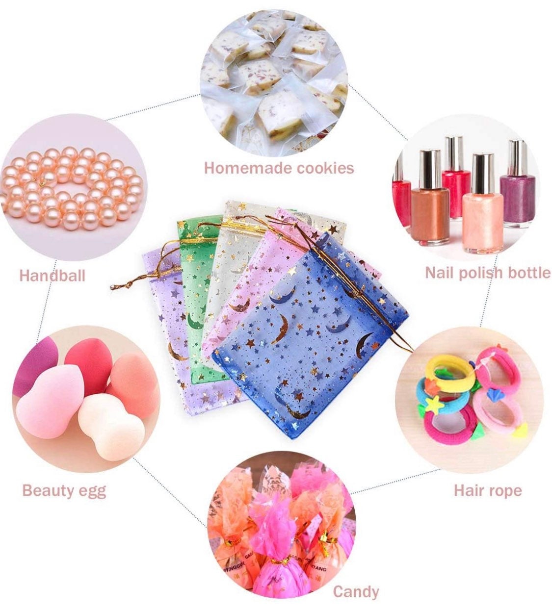 Organza Bags | Moon and Stars Foil Drawstring Product Bags | Wedding Favor Bags | Foil Print Bags | Treat Bags | Sachet Bags