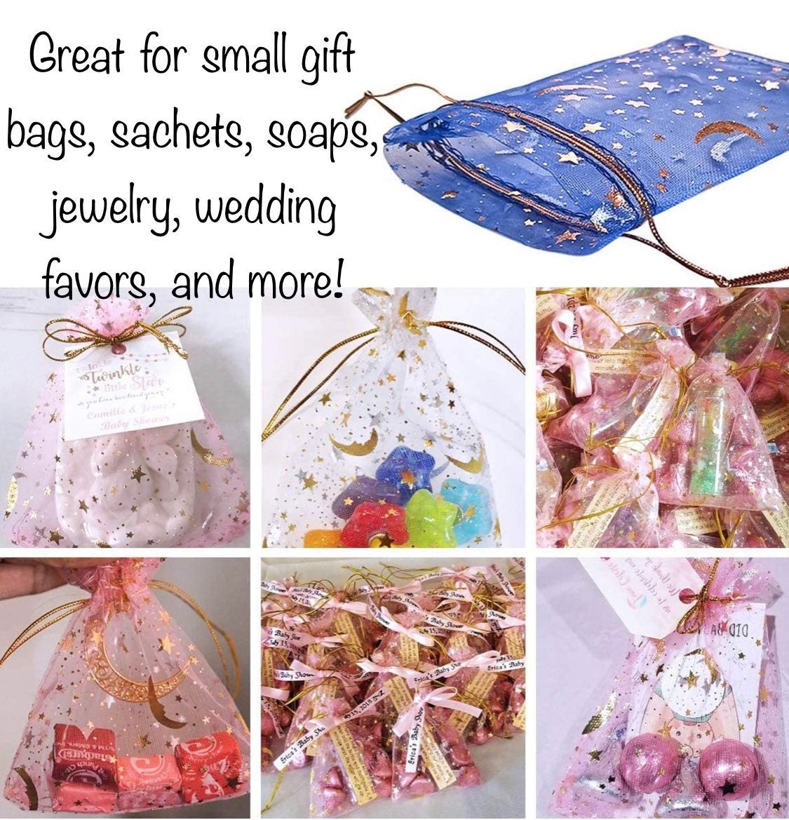 Organza Bags | Moon and Stars Foil Drawstring Product Bags | Wedding Favor Bags | Foil Print Bags | Treat Bags | Sachet Bags