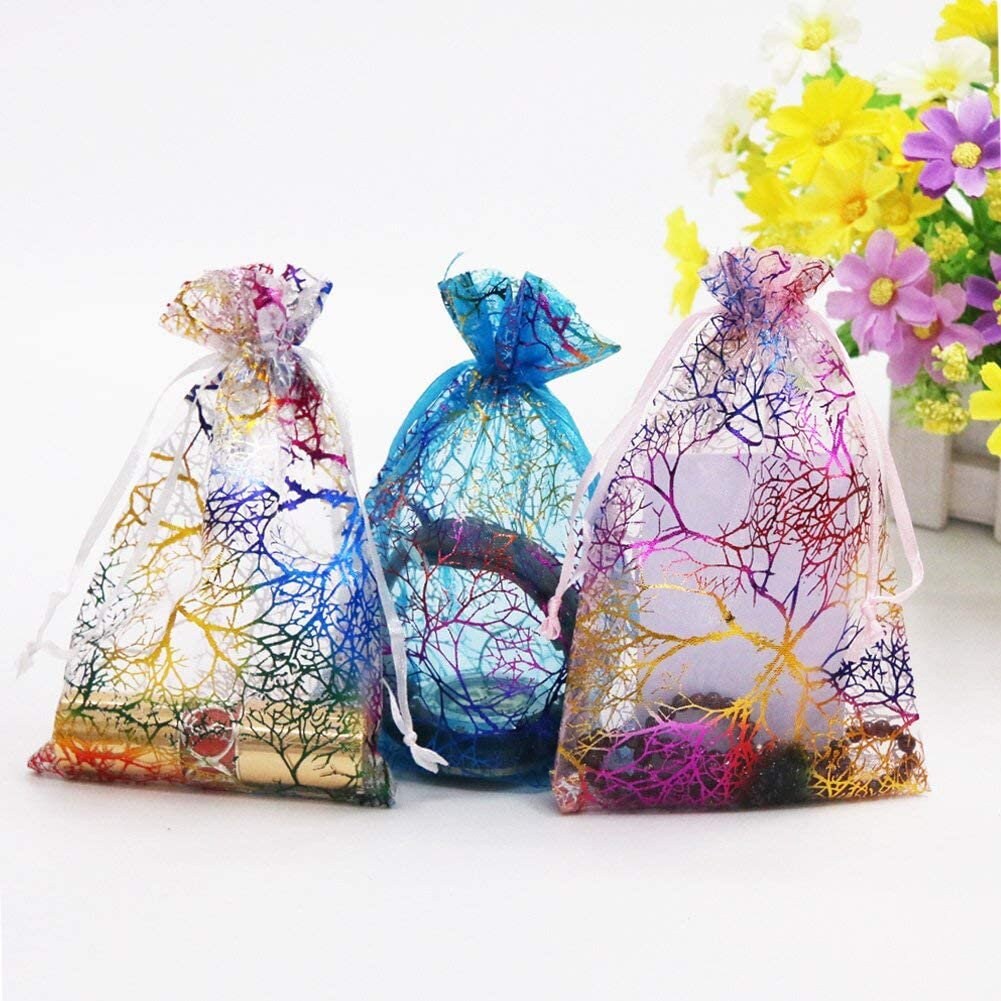 Rainbow Organza Bags | Colorful Large Drawstring Product Bags | Sachet Bags | Foil Print Bags | Treat Bags | Wedding Favor Bags