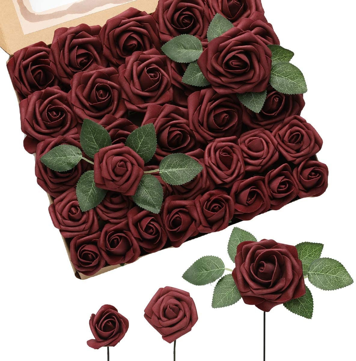 Artificial Roses - 60ct 3 Size Latex Foam Roses with Wire Stem - Great for Wedding Bouquet Decor Centerpieces Bridal Shower Party Decoration