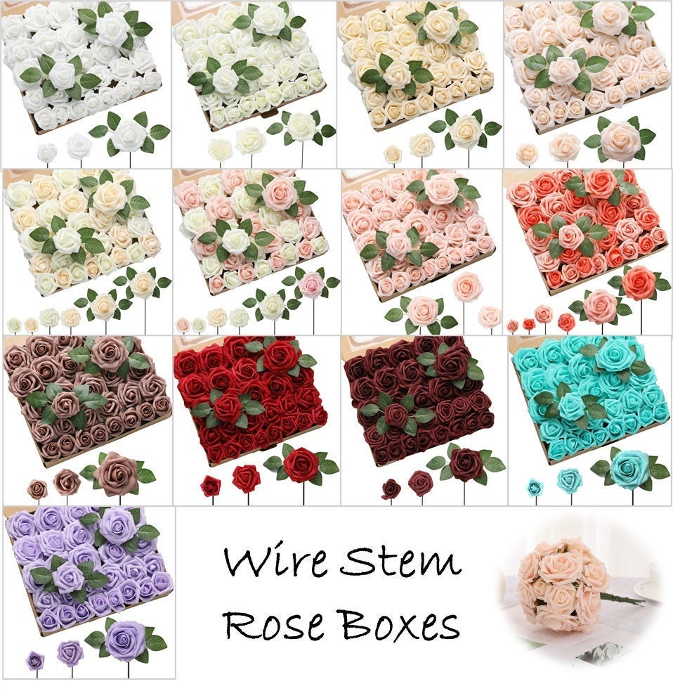 Artificial Roses - 60ct 3 Size Latex Foam Roses with Wire Stem - Great for Wedding Bouquet Decor Centerpieces Bridal Shower Party Decoration