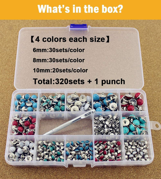 Colored Turquoise Rivet Kit - 320 sets of 6mm 8mm 10mm Dome Rivets with hole punch and carry case - Red Turquoise - Green Turquoise
