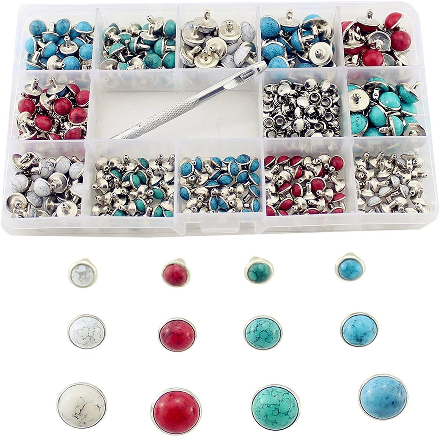 Colored Turquoise Rivet Kit - 320 sets of 6mm 8mm 10mm Dome Rivets with hole punch and carry case - Red Turquoise - Green Turquoise