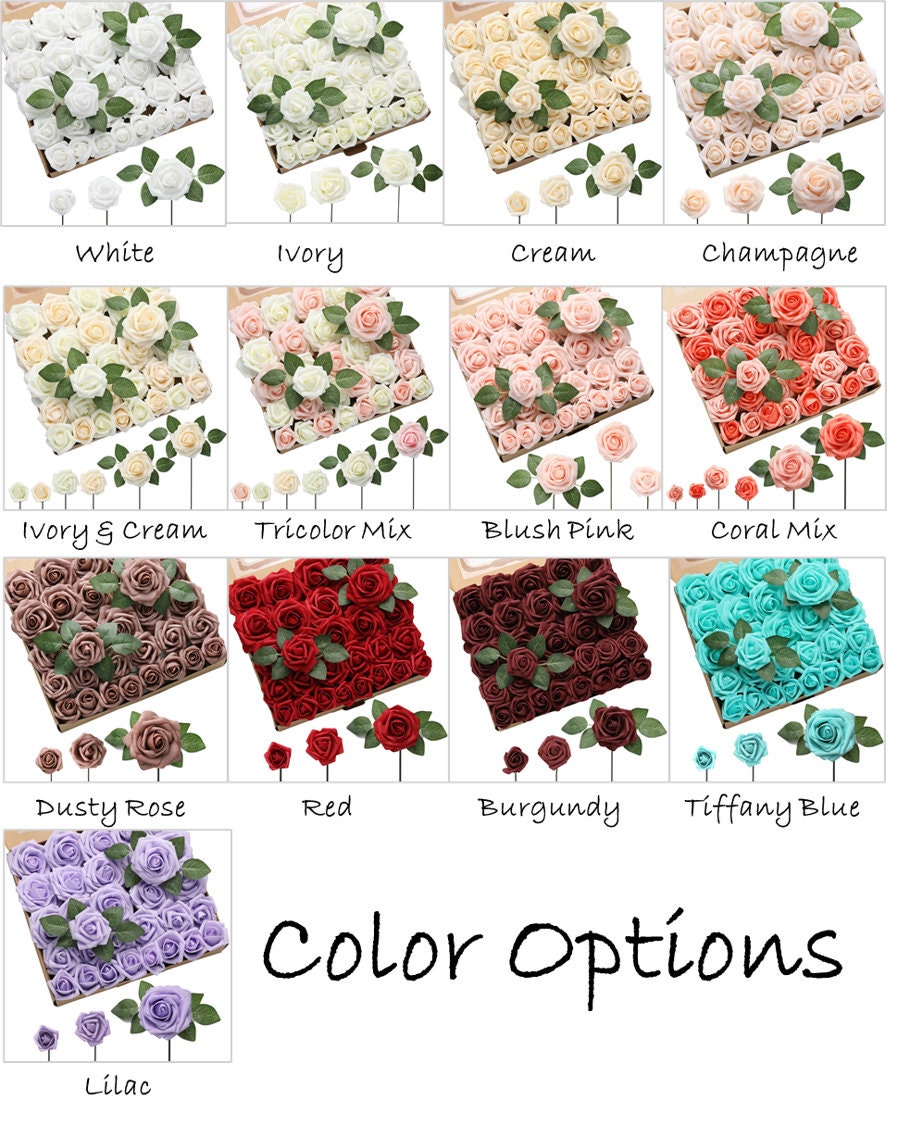 Artificial Roses - 60ct 3 Size Latex Foam Roses with Wire Stem - Great for Wedding Bouquet Decor Centerpieces Bridal Shower Party Decoration