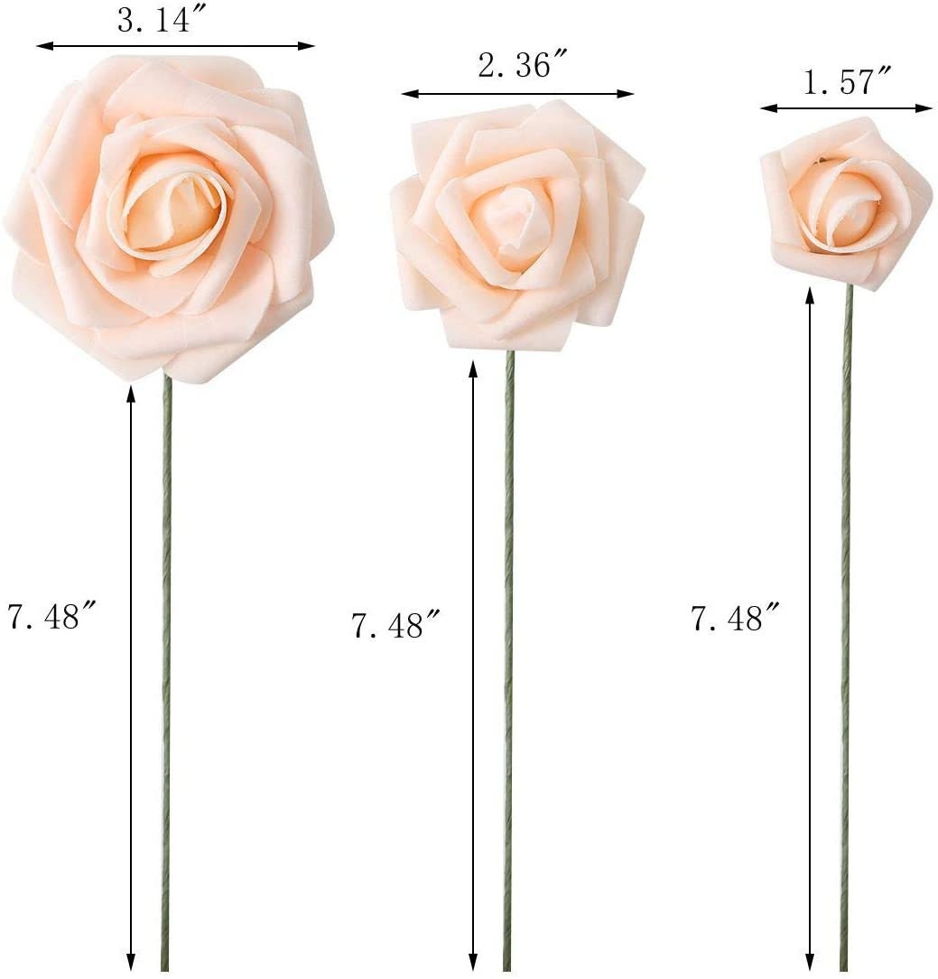 Artificial Roses - 60ct 3 Size Latex Foam Roses with Wire Stem - Great for Wedding Bouquet Decor Centerpieces Bridal Shower Party Decoration