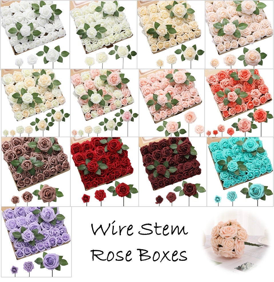 Artificial Flowers - 60ct 3 Size Latex Foam Roses w/ Wire Stem - Great for Wedding Bouquet Decor Centerpieces Bridal Shower Party Decoration
